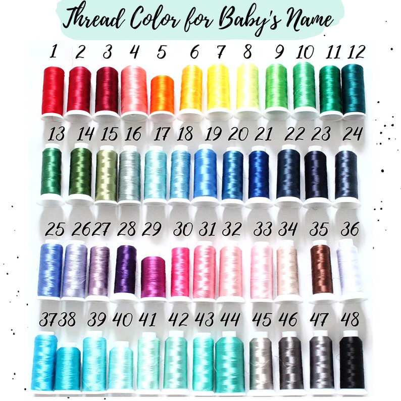 May include: A chart of 48 different colored spools of thread, numbered 1 through 48. The thread colors include red, green, blue, purple, pink, orange, yellow, and brown.
