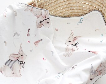 Personalized Bunny Baby Blanket, Watercolor Rabbit Nursery Bedding, Dreamy Baby Shower Gift, Custom Swaddle