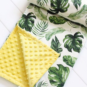 Tropical Personalized Blanket, Watercolor Palm Leaf Blanket, Custom Security Blanket, Monstera Leaf Nursery Bedding, Tropical Minky Lovey