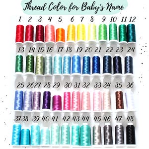 May include: A color chart titled Thread Color for Baby's Name featuring 48 numbered spools of embroidery thread arranged in four rows. The collection displays a wide spectrum of colors including reds, oranges, yellows, greens, blues, purples, pinks, browns, grays, and blacks.
