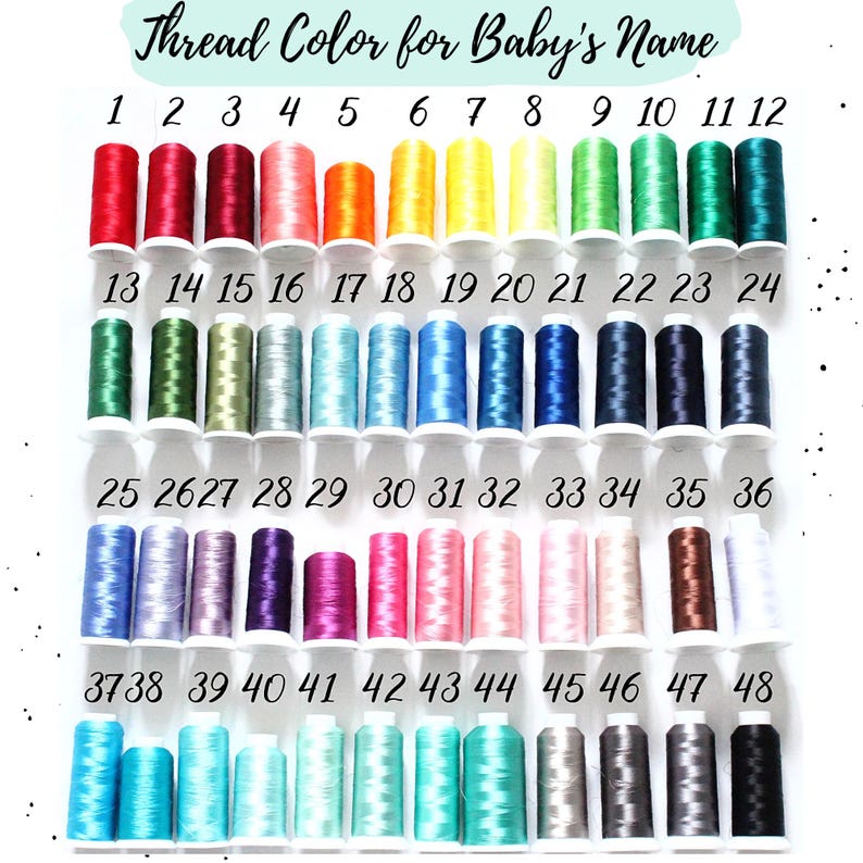 May include: A color chart titled Thread Color for Baby's Name featuring 48 numbered spools of embroidery thread arranged in four rows. The collection displays a wide spectrum of colors including reds, oranges, yellows, greens, blues, purples, pinks, browns, grays, and blacks.