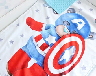Captain America Personalized Blanket, Little Hero Nursery Bedding, Teddy Bear Superhero Baby Shower Gift