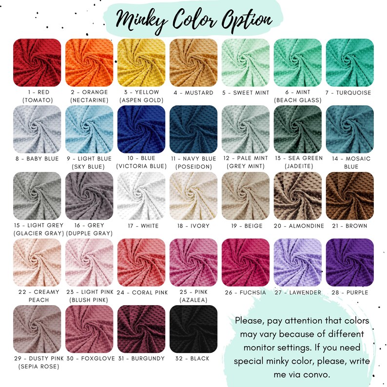 May include: A color chart displaying 32 swatches of textured minky fabric, each labeled with a number and color name. The grid includes shades of red, orange, yellow, green, blue, grey, white, beige, brown, pink, purple, and black fabric samples.
