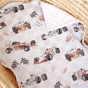 Retro Race Car Baby Blanket, Checkered Flag Personalized Blanket, Racing Cars Minky Lovey,  Sport Car Nursery Bedding, Custom Baby Boy Gift