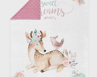 Personalized Boho Fawn Minky Baby Blanket: Floral Deer, Woodland Nursery Bedding