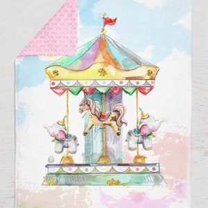 Carousel Horse Baby Girl Blanket, Carnival Personalized Blanket, Dumbo Elephant Minky Blanket, Circus Baby Shower, Elephant Nursery Bedding