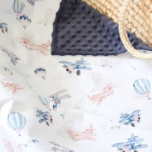 Vintage Airplane Baby Boy Blanket, Airplane Personalized Blanket, Planes Minky Lovey, Hot Air Balloon Nursery Bedding, Aviator Baby Shower