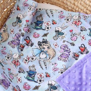 Alice Baby Girl Blanket, Alice in Wonderland Nursery, Cheshire Cat Personalized Blanket, White Rabbit Minky Lovey, Flamingo Crib Bedding