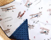 Vintage Airplane Personalized Baby Boy Blanket, Aviation Nursery Bedding, Little Aviator Baby Shower Gift