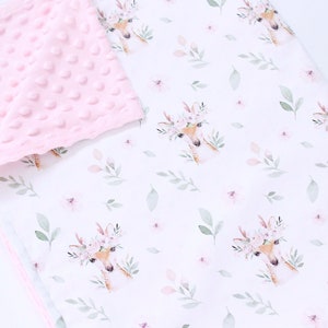 Boho Fawn Personalized Blanket, Floral Deer Baby Girl Blanket, Floral Security Blanket, Deer Minky Lovey, Stroller Blanket, Woodland Nursery