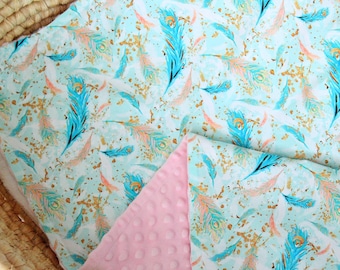 Boho Peacock Feather Personalized Blanket, Boho Nursery Bedding, Custom Baby Shower Gift, Stroller Throw