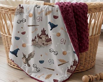 Wizard School Baby Blanket: Personalized Minky Throw, Magicl Owl Nursery Bedding