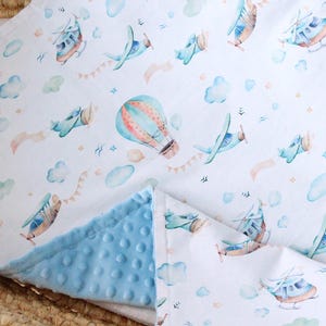 Hot Air Balloon Baby Boy Blanket, Vintage Airplane Personalized Blanket, Planes Minky Lovey, Aviator Nursery Bedding, Security Blanket