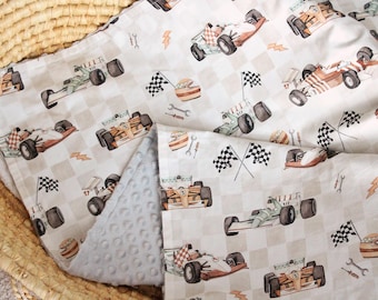 Custom Name Retro Sport Car Baby Blanket, Checkered Flag Personalized Blanket, Racing Nursery Bedding