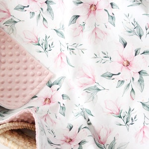 Magnolia Baby Girl Blanket, Floral Nursery Bedding, Romantic Flowers Personalized Blanket, Watercolor Floral Minky Lovey, Stroller Blanket