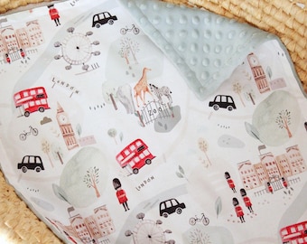 Personalized London Minky Baby Blanket, Zoo Animal Nursery Bedding, British Baby Shower Gift
