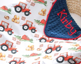 Custom Name Red Tractor Blanket, Farmhouse Nursery Bedding, Farm Life Baby Shower Gift