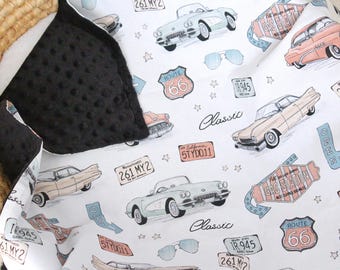 Retro Old Fashioned Car Baby Boy Blanket, Vintage Automobile Personalized Blanket, Racing Nursery Bedding