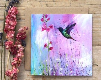 Hummingbird/greeting cards/blank cards/humming bird card/humming bird gift/ handmade card/painting/roses/garden gift/flower gift
