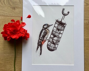 Great Spotted Woodpecker Gicleé print/Art Print/British Birds/Watercolour/Drawing/Fineliner/Art/British Garden/Woodpecker/Bird Gift/Bird Art