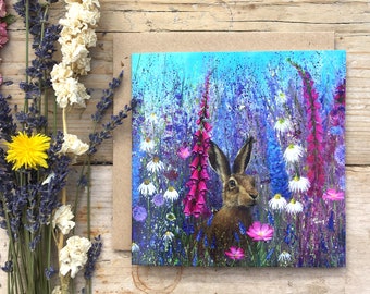 hare/foxglove/flowers/greeting card/blank card/occasional cards/art cards/hare gift/garden gift/garden card/flower card/handmade/art print