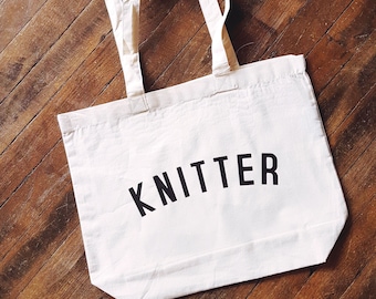 KNITTER Bag // tote bag with knitting logo // fairtrade organic cotton // gifts for knitters // gifts for crafters // gifts for yarn lovers