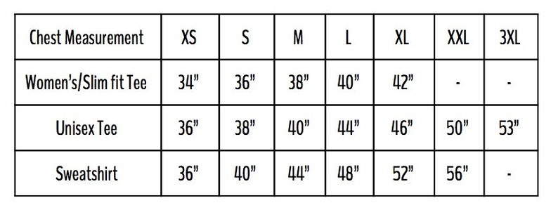Puede incluir: Tabla que muestra las medidas del pecho en pulgadas para diferentes tallas de camisetas ajustadas para mujer/slim fit, camisetas unisex y sudaderas. Las tallas incluyen XS, S, M, L, XL, XXL y 3XL.