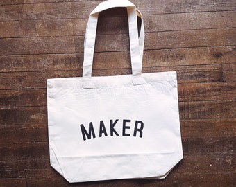 MAKER Bag // tote bag with stitcher logo // fairtrade organic cotton // gifts for sewers // gifts for crafters