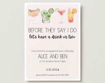 Cocktails Engagement Party Invitation | Cute Quirky Engagement Party Invite | Editable Engagement Party Template Canva | Customized