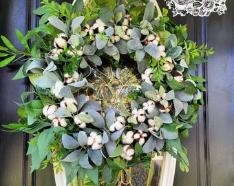 Fall Wreaths for Front Door Farmhouse Wreath Cotton balls  Wreaths Christmas Wreath Lambs Ear Wreath County wreath All season Wreath Gift