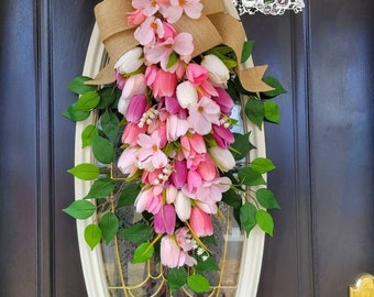 Spring Wreaths for Front Door Swag Dogwood Wreath Blossom Wreath Tulip Wreath Pink Wreath Summer Wreaths Double Door Wreaths Easter Wreath