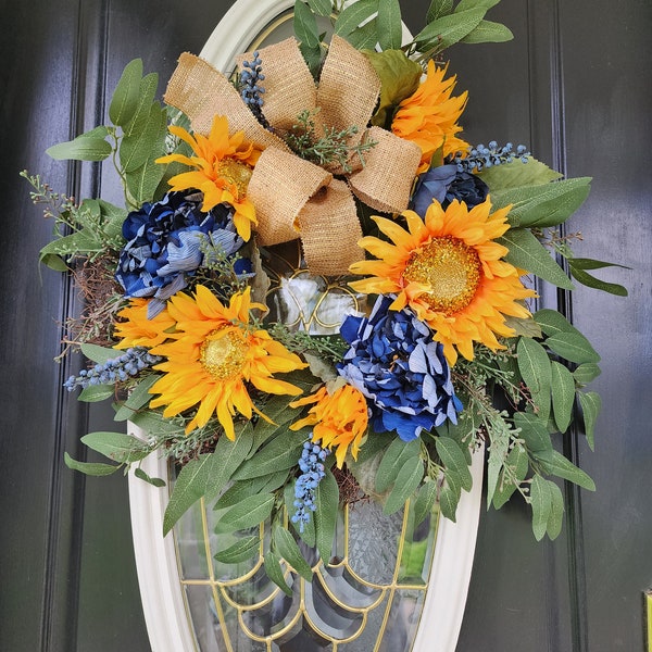 Sunflower Wreaths for Font Door Sunflower Oudoor Wreath Fall Wreath Blue and Yellow Wreaths Summer Wreath Spring Wreath Ukrainian Wreath