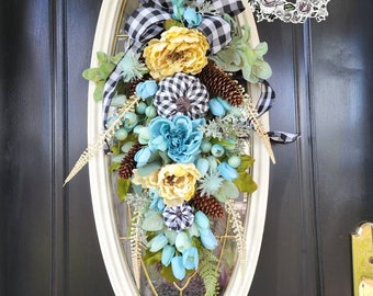 Fall Door Swag Blue Fall Wreath with pumpkin Fall Peony Wreaths Autumn Outdoor Wreath Pinecone Fall Buffalo check Swag Fall Blue Door Wreath