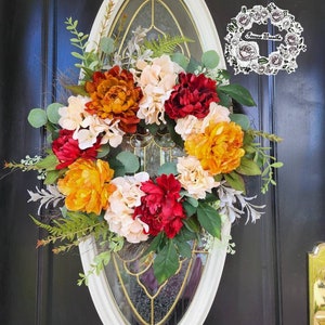 Fall Wreath for Front Door Autumn Wreaths Peony and hydrangea Wreath Round Year Wreath Orange Wreath Fall Door Hanger Fall Floral Wreath