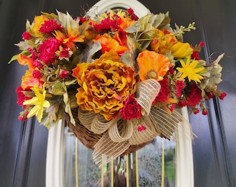 Herfstmand voor voordeur Fall Outside-krans Oranje krans Bloemenmand voor deur Swag Fall Inlevermand Cadeau moederkrans herfstkrans