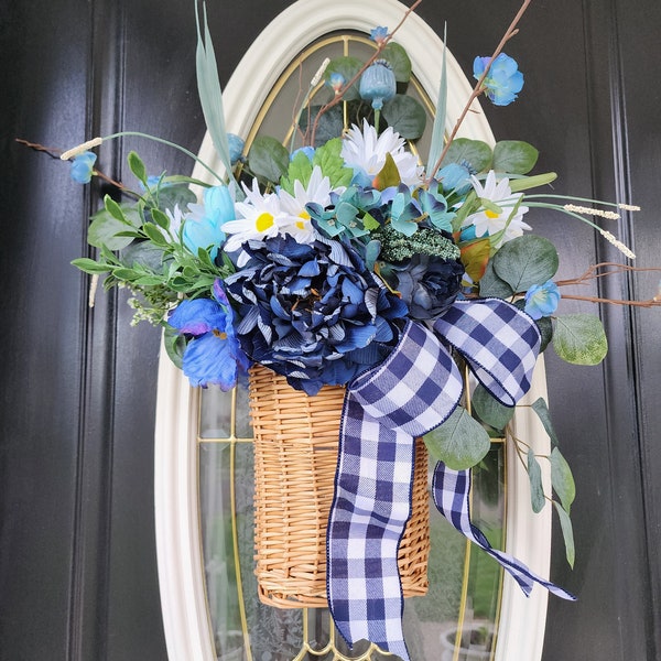 Summer basket for front door Aqua Blue Wreaths for Door Outdoor Wreath Door  Basket Spring Wreath Flower Wall Basket Handing basket