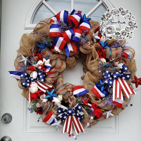 Americana Wreaths for Front Door Spring Mesh Wreaths USA Wreath Patriotic Wreath Independents Day Wreaths Military Wreath Summer Wreath Gift