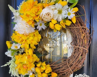 Spring Wreath for Front Door Wreaths Yellow Wreaths Tulip Wreath Summer Wreaths Hydrangea Wreath Easter Wreath Spring  Grapevine wreath Gift