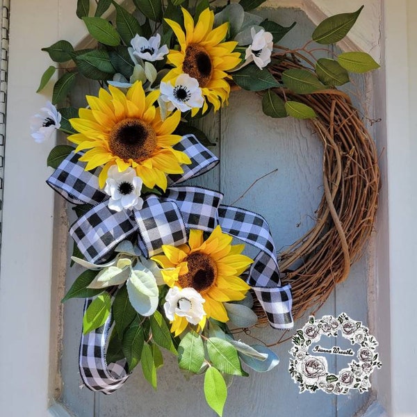 Spring Wreath for Font Door Sunflower Wreath Buffalo Plaid Wreath Easter Wreath Grapevine Wreaths Half Etsy Wreath Summer Wreath Door Swag