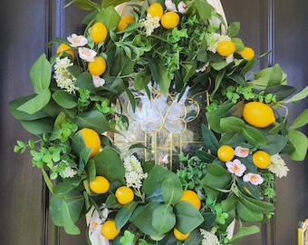 Corona de limón para puerta de entrada, coronas de primavera, corona de cítricos, corona de granja, coronas de boj, decoración de limón, coronas de verano, corona de Etsy, corona de frutas