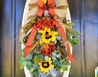 Fall Swag for Front Door Swag Sunflower Wreaths Autumn Wreath Sunflower Decor Fall Wreaths Fall Teardrop Wreath Handmade Wreaths Fall Etsy