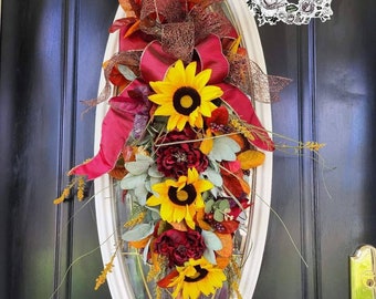 Fall Wreath Fall Swag Burgundy Wreaths Peony Autumn Door Decor Sunflower Outdoor Teardrop Thanksgiving