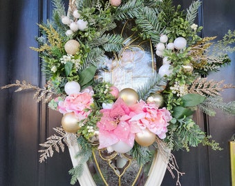 クリスマスリース ピンク ピンクのクリスマスドアリース、ヴィンテージピンクのクリスマスリース