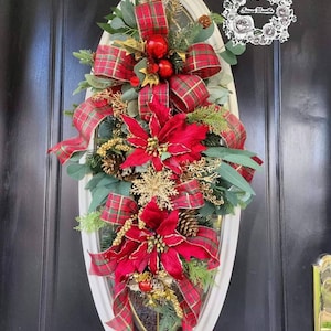 Christmas Swags for front door Christmas Wreaths Christmas Door Garland Traditional Plaid Christmas Decor Poinsettia Swag Red and Gold Swag