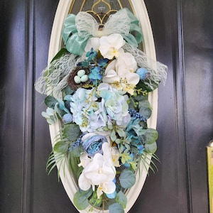 Spring Wreaths for Front Doors Summer Wreath Aqua blue Wreath Teardrop Swag  Wreath Summer Swag Tulip Wreath Door Garland Swag Peony Wreath