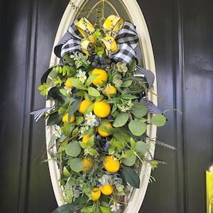 Lemon Wreath with Lavender Farmhouse Summer Swag Teardrop Wreath Lemon Summer Buffalo plaid Wreath Outdoor Citrus Wreath Front Porch Wreaths