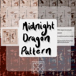 May include: Digital pattern design with a repeating motif of dragons, swords, and crescent moons in brown, tan, and blue hues. The text "Midnight Dragon Pattern" is displayed on a white background. Design by Verity Faye.
