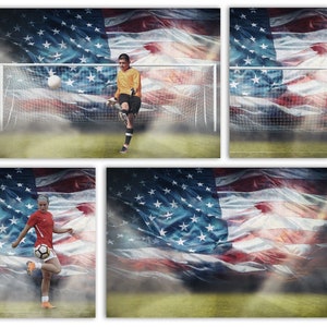 May include: A collage of four images featuring soccer players in front of an American flag backdrop. The top left image shows a soccer player kicking a ball towards a goal. The top right image shows a soccer player standing in front of a goal. The bottom left image shows a soccer player juggling a ball. The bottom right image shows a blurry American flag backdrop.