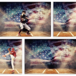 May include: Four baseball themed images with a vintage American flag background. The images show a baseball player in different poses, including batting, pitching, and fielding. The images are perfect for a sports-themed scrapbook or photo album.