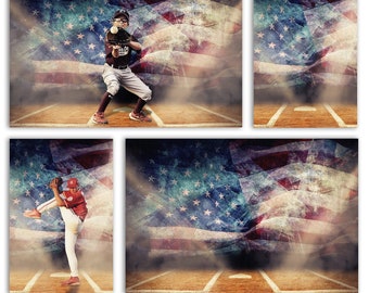 Baseball Backdrop, Softball, Sport Background, Digital backdrop, Baseball Field, American Flag, Foggy, Light Rays, Add Your Own Subject